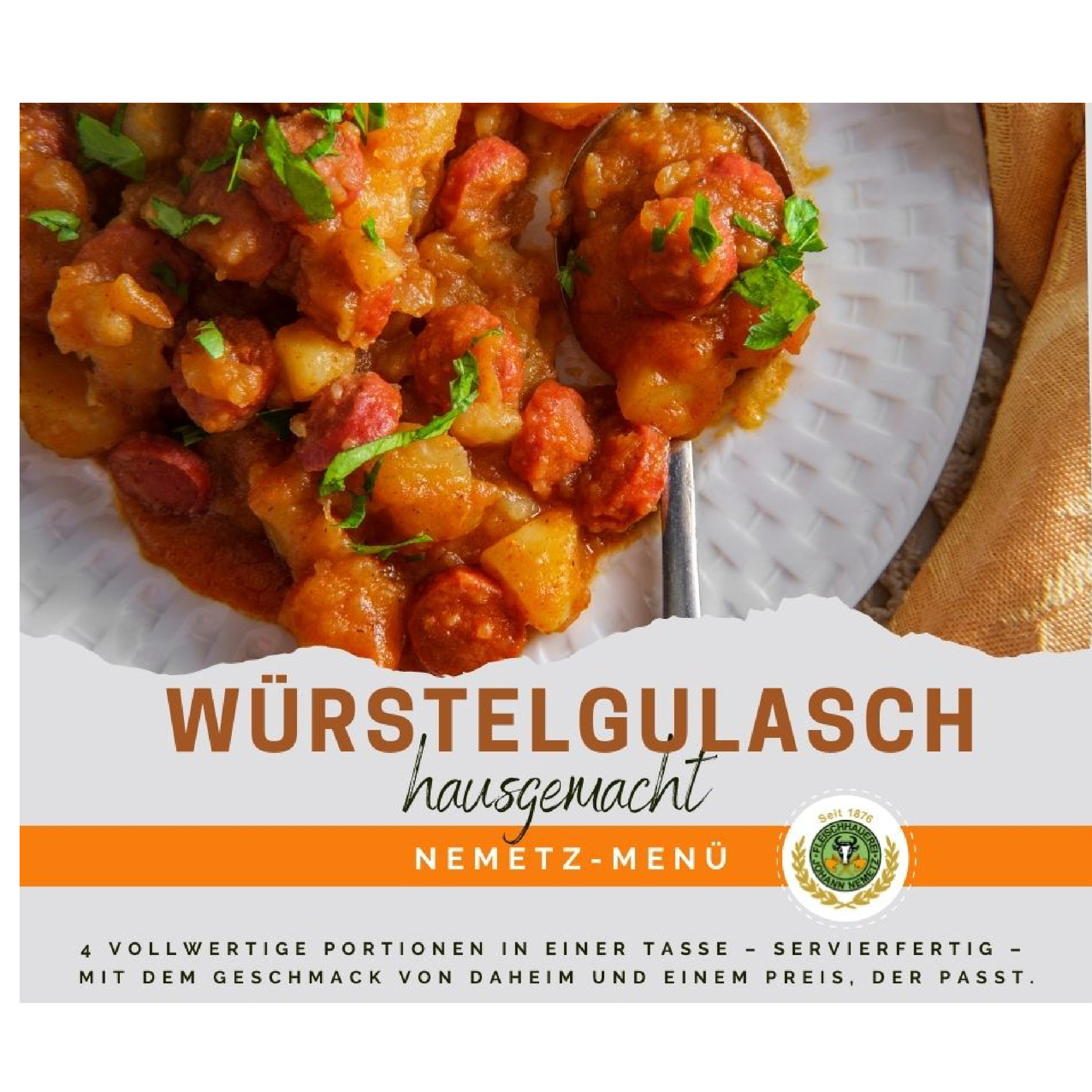 Hausgemachtes Wrstelgulasch, 4 Portionen, fertig gekocht